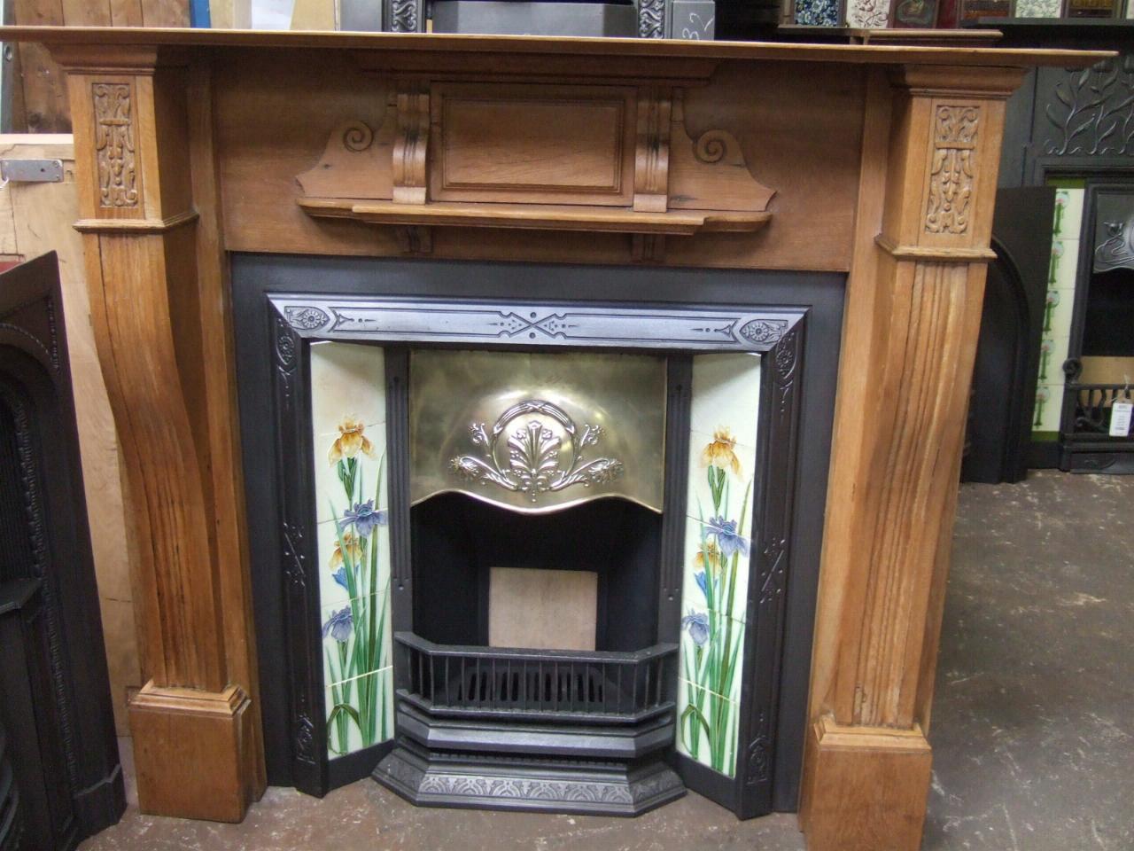 Original Art Nouveau Tiled Fireplace Insert 162TI Old