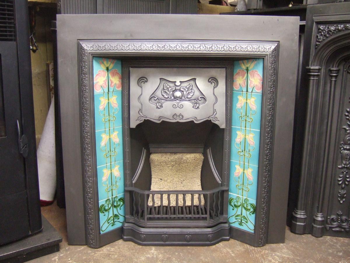 Original Art Nouveau Tiled Fireplace Insert 220TI Old